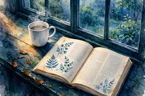 記事の挿絵向けのAIイラスト生成例。雨の窓辺の白いマグカップと、植物の挿絵が入った本を描いた水彩画。