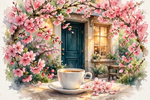 お店のお知らせ向けのAIイラスト生成例。満開の桜、青緑の扉、白いコーヒーカップを描いた水彩画。
