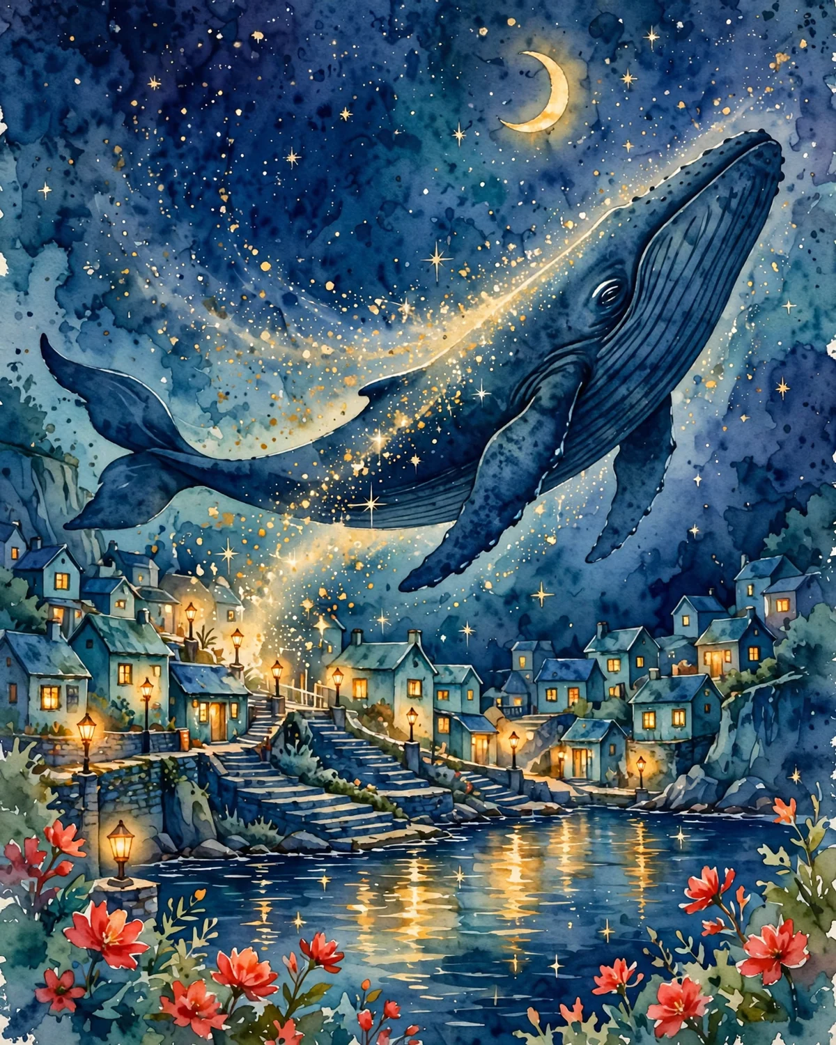 星空を泳ぐクジラと灯りのともる海辺の街を描いたAI生成イラスト。藍色の空と金色の光が広がる水彩画。