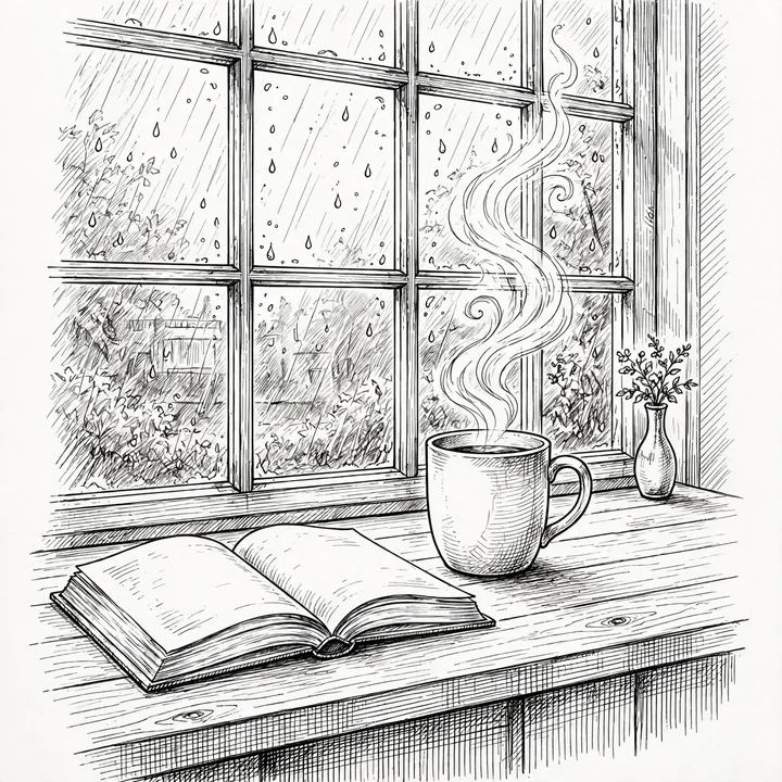 線画のAIイラスト生成例。雨の窓辺の本とカップを、黒い輪郭線とハッチングで描いた一枚。