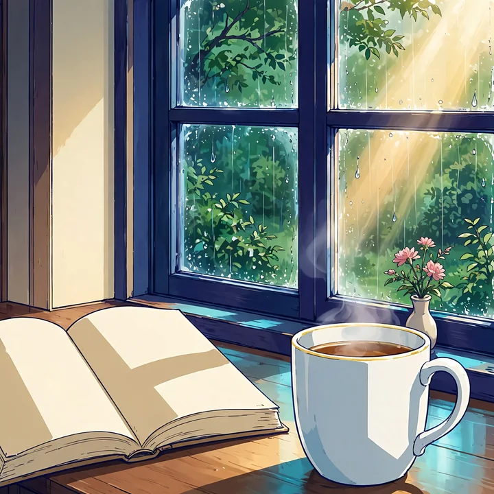 アニメ風のAIイラスト生成例。雨の窓辺の本と白いカップ、朝の光を明瞭な輪郭線と色で描いた一枚。