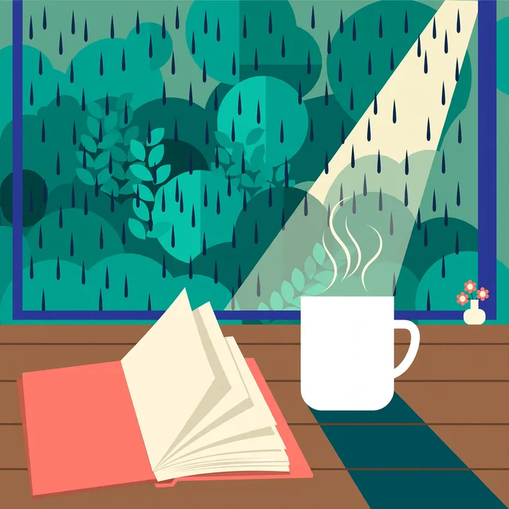 フラットのAIイラスト生成例。雨の窓辺の本と白いカップを、ティールとコーラルの幾何学的な色面で描いた一枚。