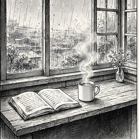 マンガ風のAIイラスト生成例。雨の窓辺の本とカップを黒インクと網点で描いた白黒画。