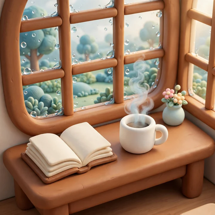 3DのAIイラスト生成例。丸い窓枠と本、白いマグカップ、花瓶を粘土細工のような立体で描いた一枚。