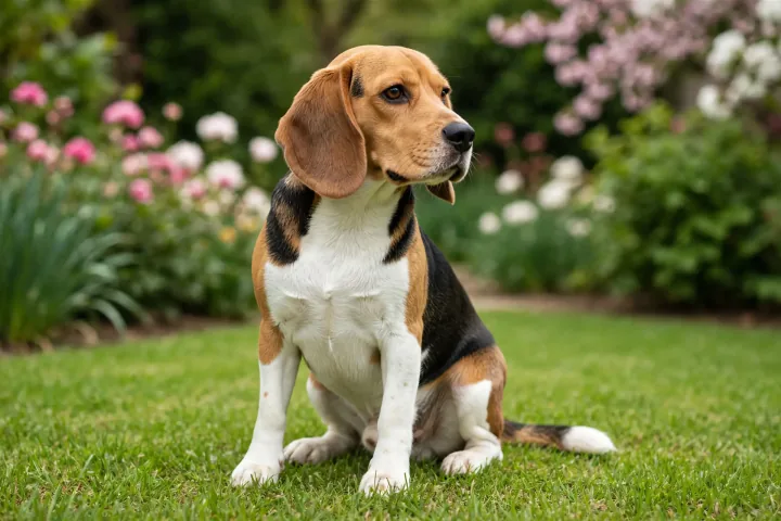 AI画像編集で同じビーグル犬を残し、背景を芝生と花のある明るい庭に変更した写真