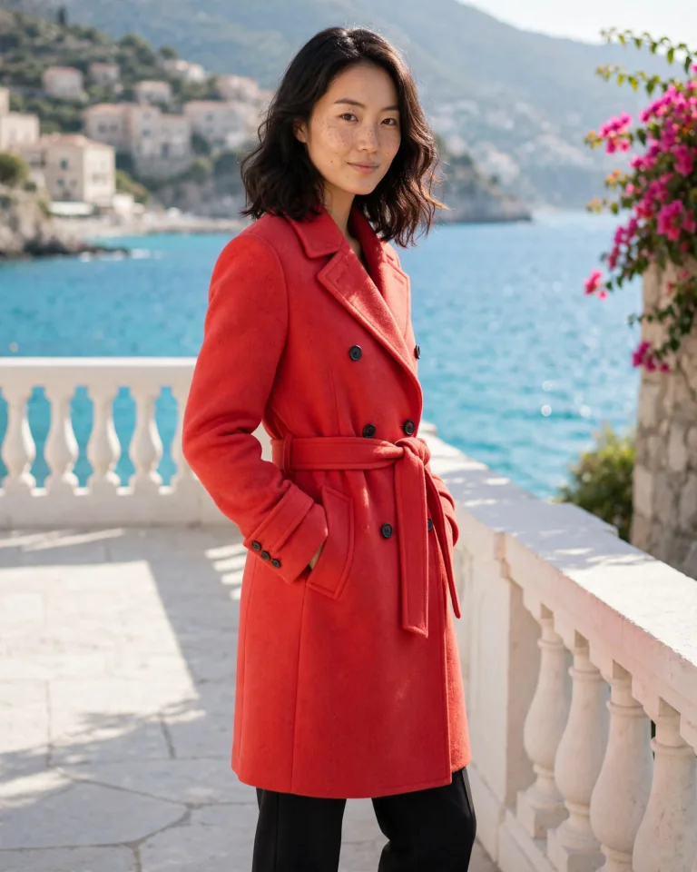 AI画像編集で女性のコートを赤くし、背景を花と青い海のあるテラスに変更した写真