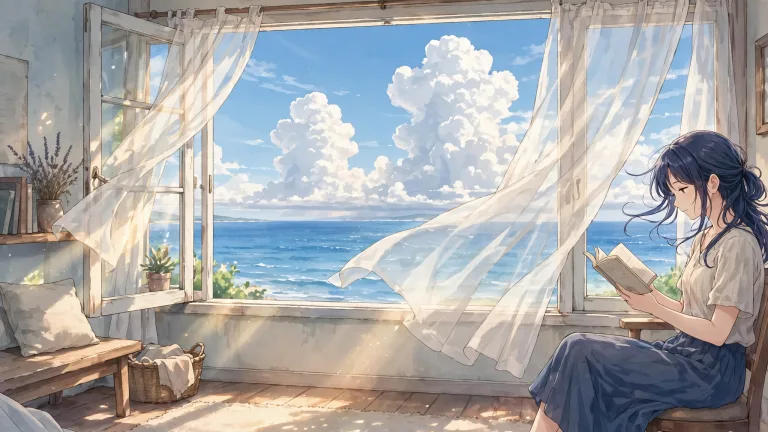 窓辺で本を読む人物と夏の海を描いたAIアニメ画像生成の作例