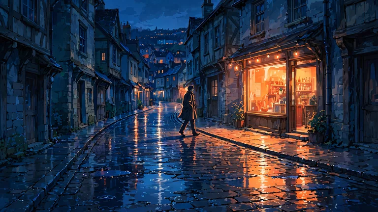 青い夜と店のオレンジ色の灯りが映る路地を描いたアニメイラスト生成例