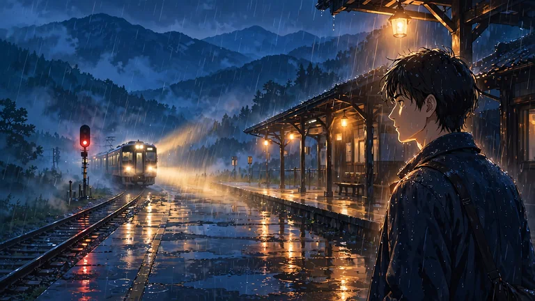 列車の光が雨のホームと待つ青年を照らすAIアニメ画像生成の作例