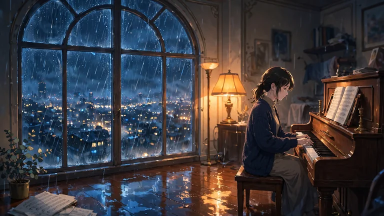雨の大窓と青い街の光を背にピアノを弾く女性のAIアニメ画像生成例