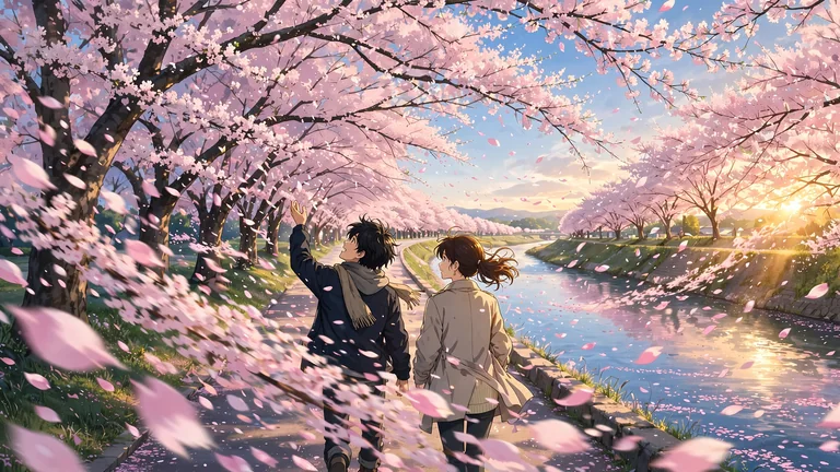 夕光に透ける桜吹雪と二人の友人を描いたAIアニメ画像生成の作例
