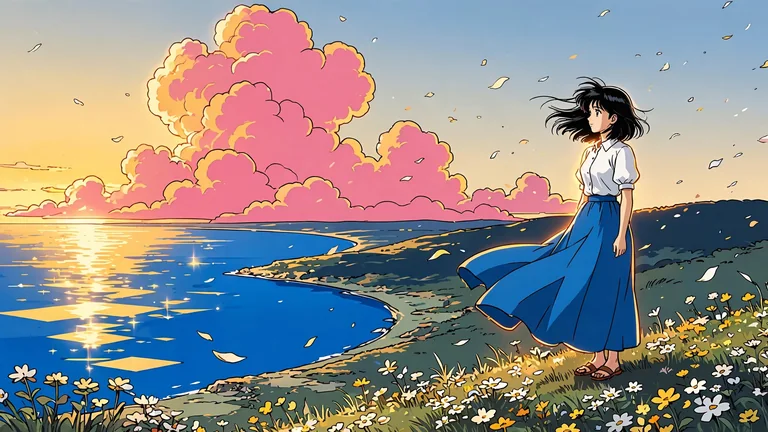 夕日の海と大きな雲を望む花畑の女性を描いたセル画調のアニメイラスト生成例