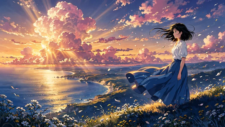 夕日の海と大きな雲を望む花畑の女性を描いたシネマティックなアニメイラスト生成例
