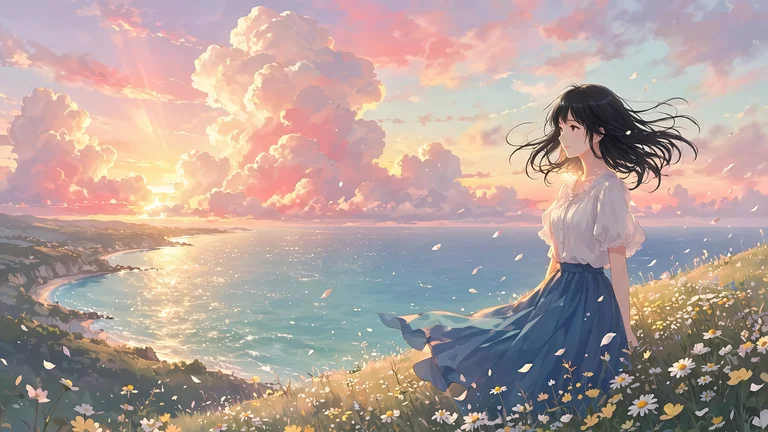 夕日の海と大きな雲を望む花畑の女性を描いたやわらかなアニメイラスト生成例