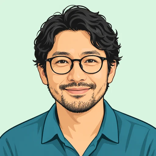 眼鏡と短いひげの架空の男性をもとにしたイラスト風プロフィールアイコン生成結果