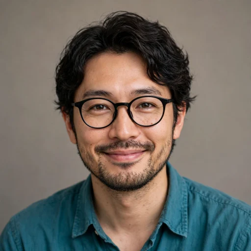 眼鏡と短いひげの架空の男性を写したプロフィールアイコンの入力写真
