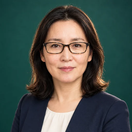 眼鏡とネイビージャケット姿の女性のブログ用プロフィールアイコン