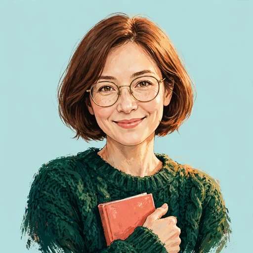丸い眼鏡と深緑のニット、本を描いた読書好きのプロフィールアイコン