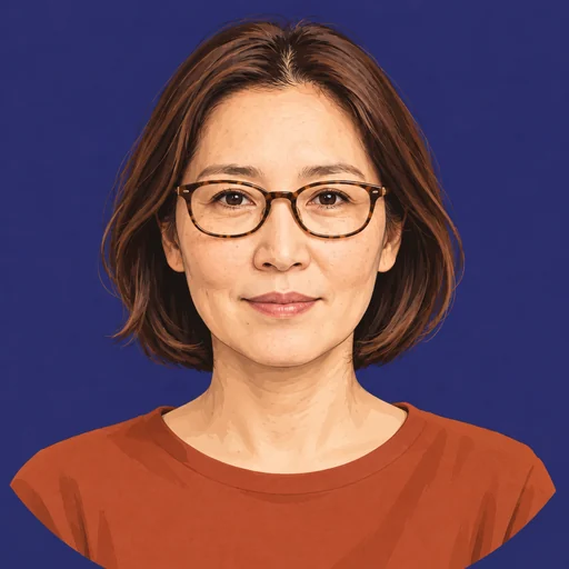 短いボブと眼鏡の女性を描いた青紫背景のプロフィールアイコン