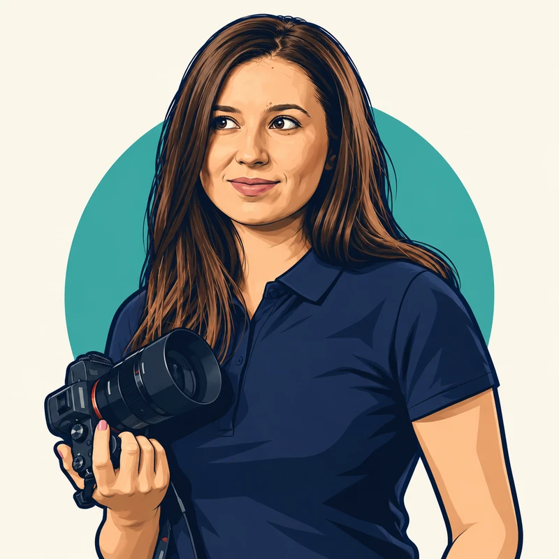 紺色のポロシャツでカメラを持つ茶髪の成人女性をカートゥーン風に描いたAI似顔絵