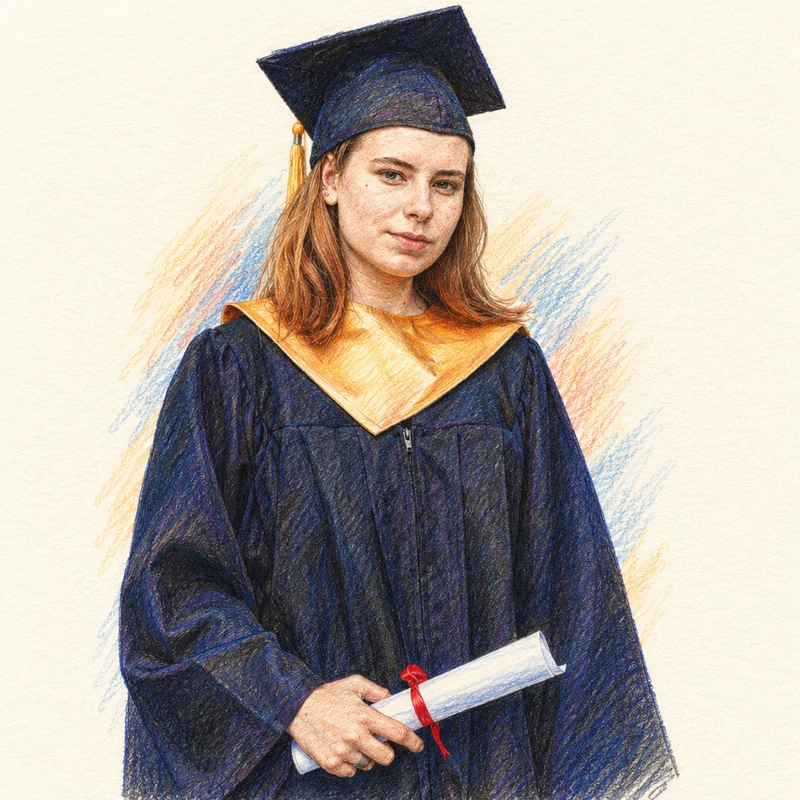 卒業帽とガウン、卒業証書を持つ成人女性を色鉛筆で描いた卒業記念のAI似顔絵