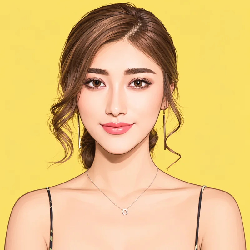 後ろに留めたウェーブヘアと細い黒い肩ひもの成人女性をカートゥーン風に描いたAI似顔絵