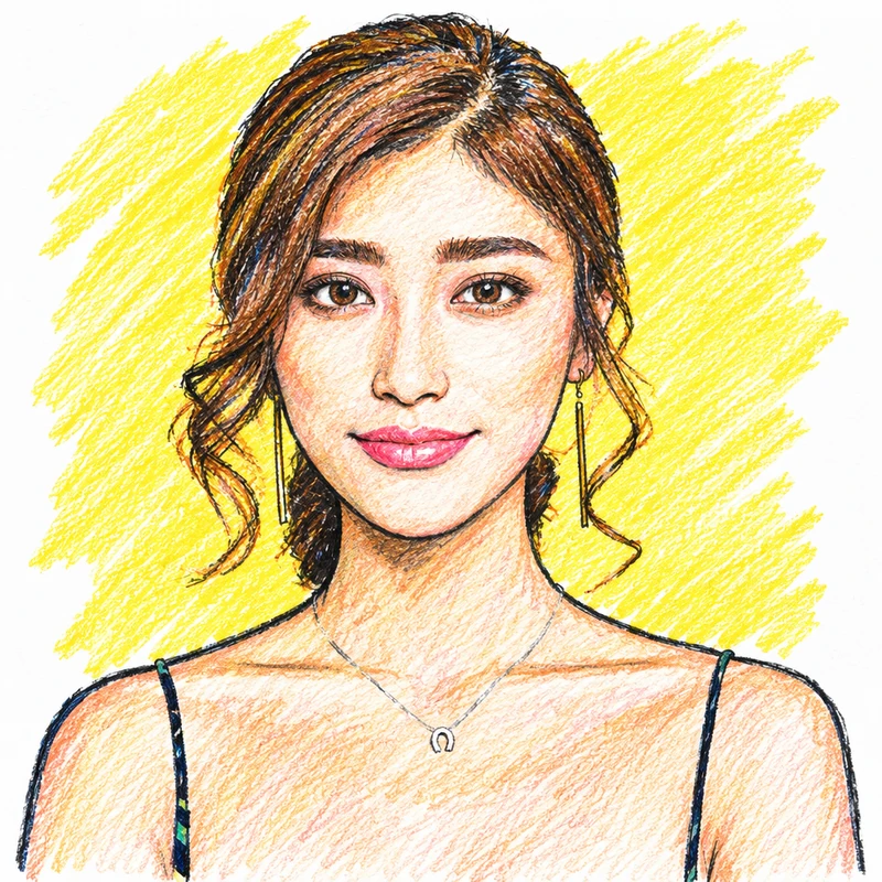 後ろに留めたウェーブヘアと細い黒い肩ひもの成人女性を手描き風に描いたAI似顔絵