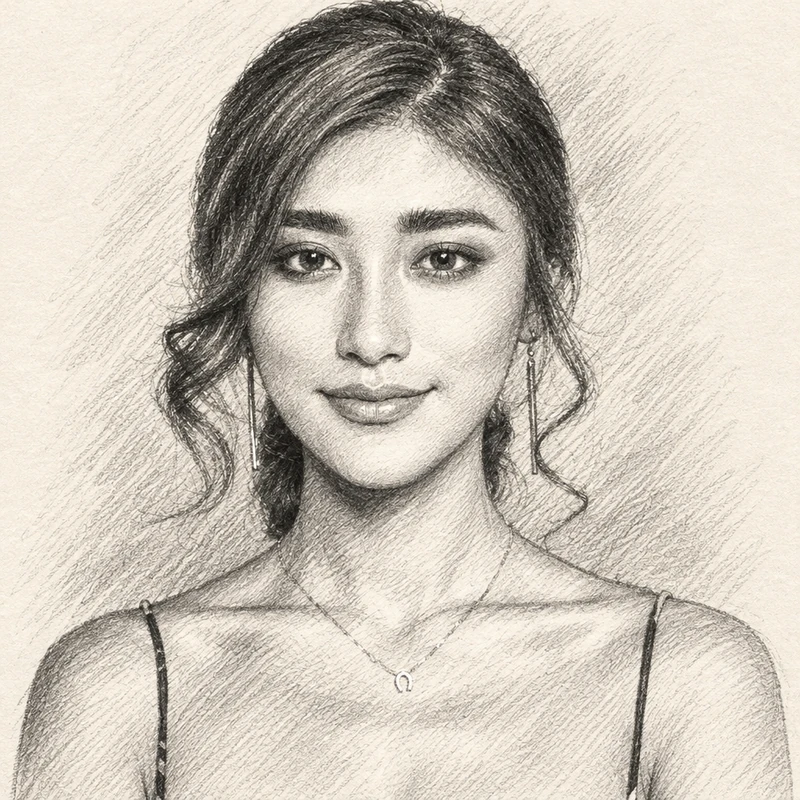 後ろに留めたウェーブヘアと細い黒い肩ひもの成人女性を鉛筆風に描いたAI似顔絵