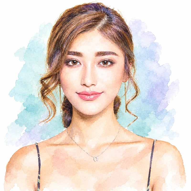 後ろに留めたウェーブヘアと細い黒い肩ひもの成人女性を水彩風に描いたAI似顔絵