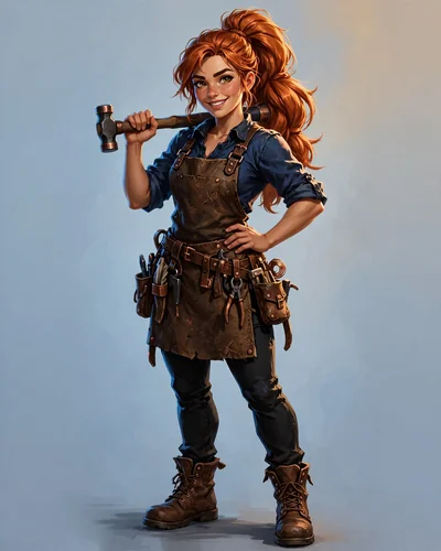 ゲームNPC向けのAIキャラクター生成例：銅色の髪と革エプロン、ハンマーを持つ女性鍛冶屋
