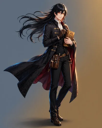 小説向けのAIキャラクター生成例：黒髪で古書を抱える修復職人とワイン色の裏地のコート
