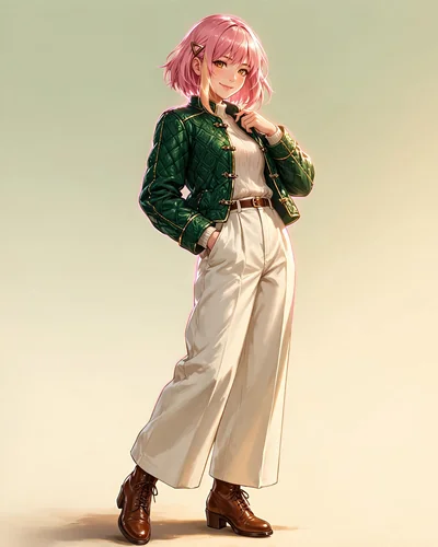 AIキャラクター生成例：桜色のボブと金の縁取りを施した緑のジャケットのオリキャラ