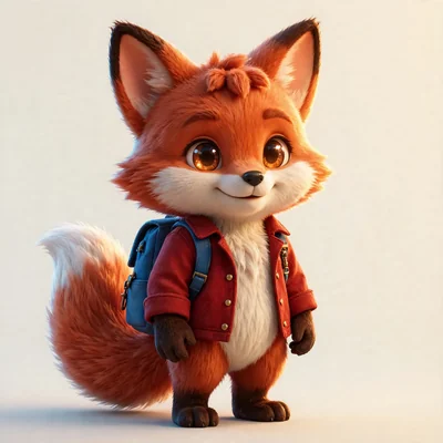 同じキツネのAIキャラクター生成例：青いリュックを背負い、赤いジャケットに衣装変更