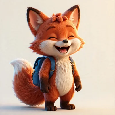 同じキツネのAIキャラクター生成例：青いリュックを保ち、目を閉じて大笑い