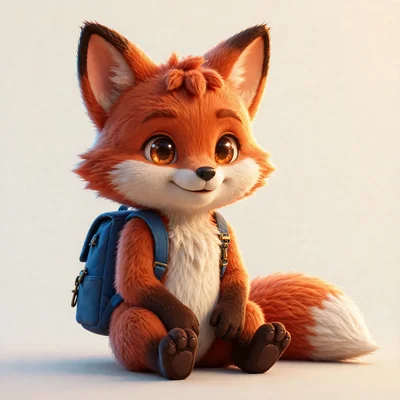 同じキツネのAIキャラクター生成例：青いリュックを背負った座り姿