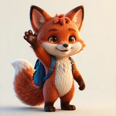 同じキツネのAIキャラクター生成例：青いリュックを背負って手を振るポーズ
