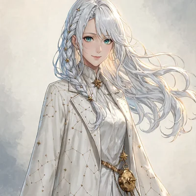 同じキャラのAIキャラクター生成例：銀髪と星飾りを保ったアイボリーのコート