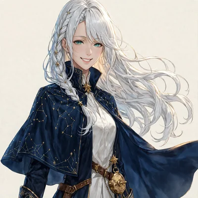 同じキャラのAIキャラクター生成例：銀髪と紺の衣装を保った明るい笑顔