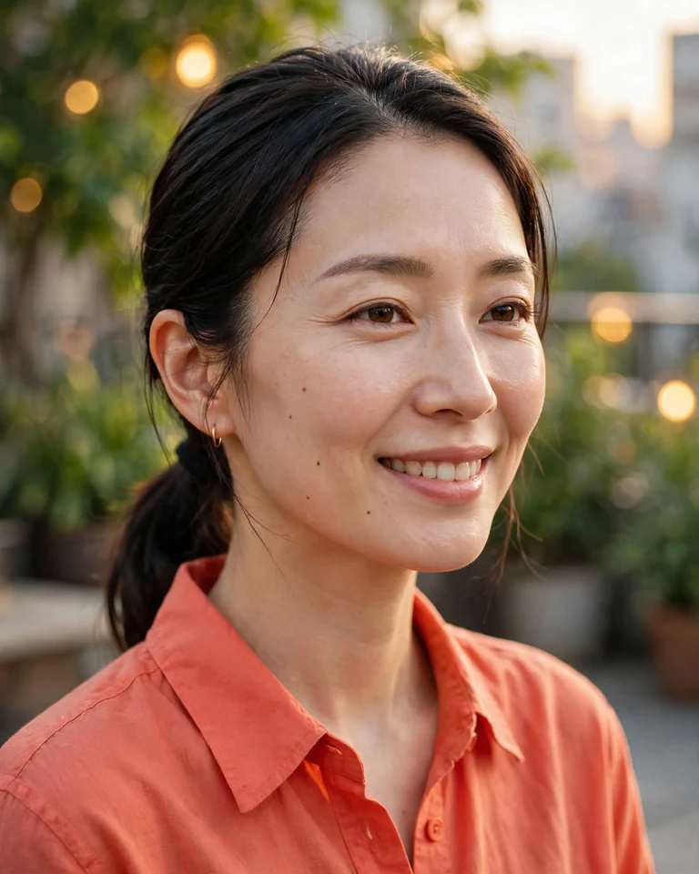 美顔加工後の同じ女性。暖かな街のテラスで、口を閉じた表情を上の歯が見える自然で温かな笑顔に変更