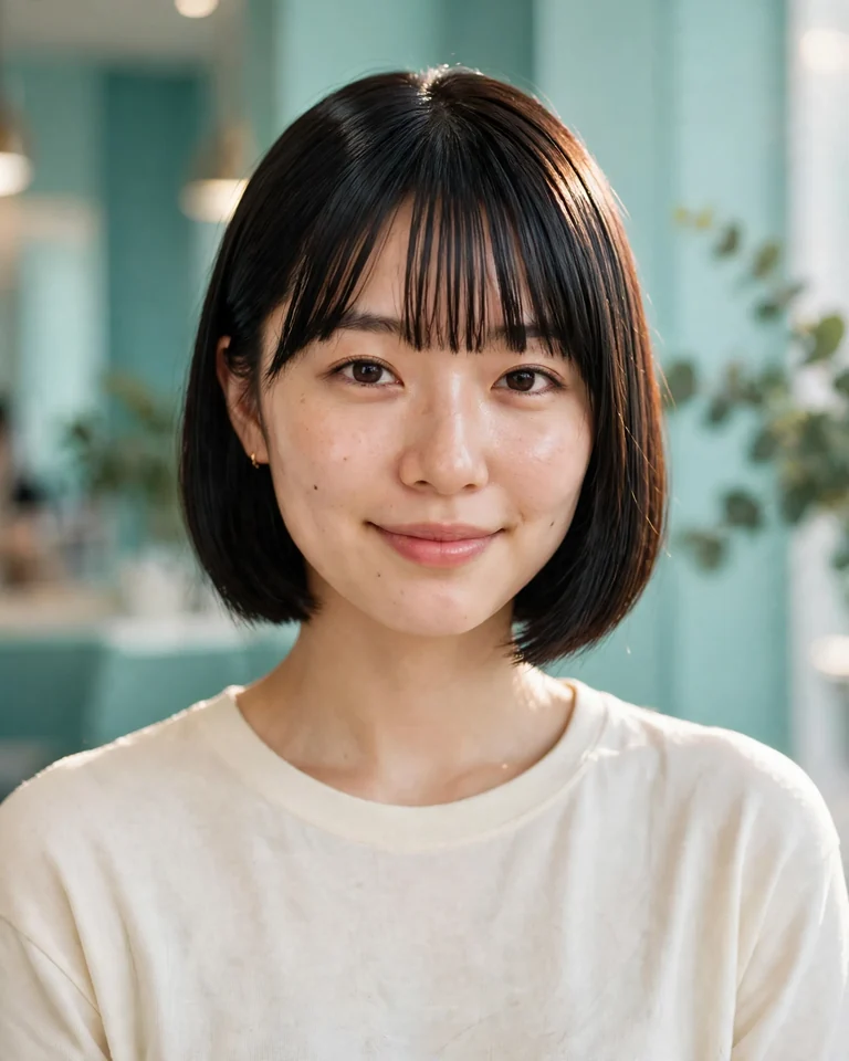 顔加工後の同じ女性。ミントとティールの室内で、黒く長い髪をあごラインの短いボブに変更