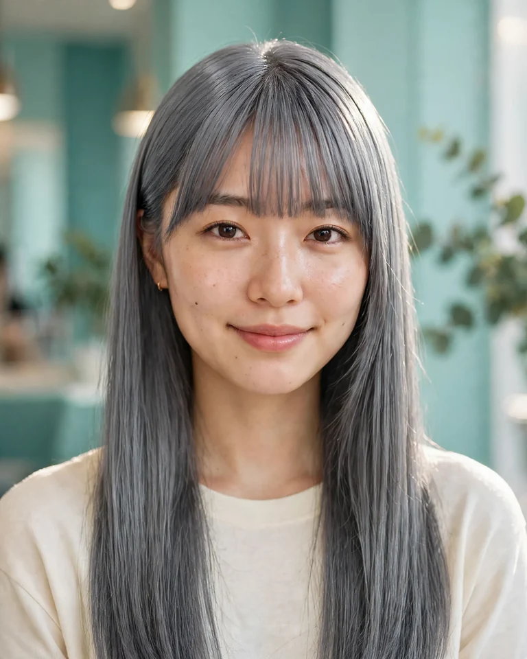 顔補正後の同じ女性。ミントとティールの室内で、長い黒髪を均一で光沢のあるクールな銀灰色に変更