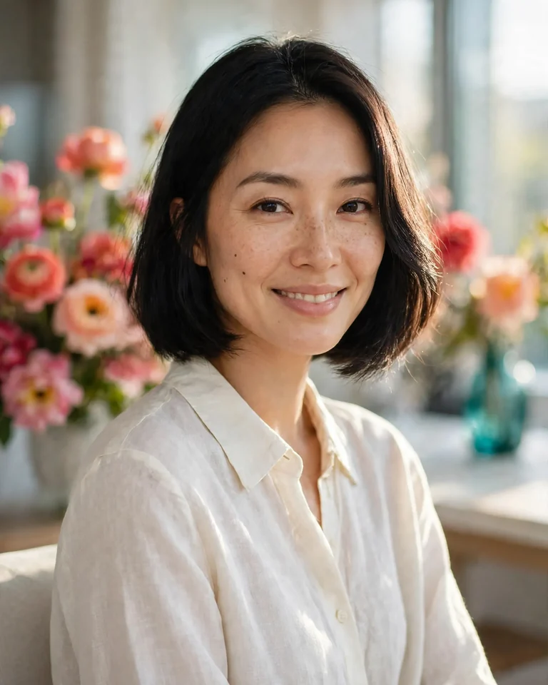AI顔加工後の同じ女性。花のある明るい室内で、あごのラインのボブヘアと歯を見せた自然な笑顔