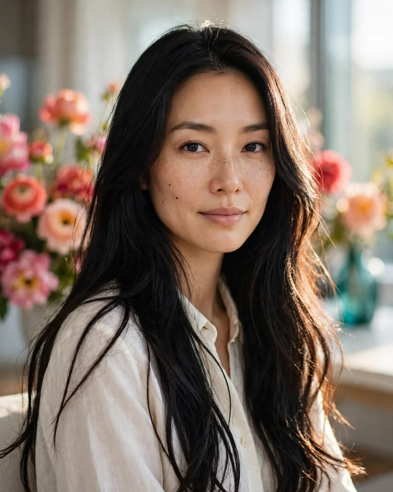 AI顔加工前の元写真。花のある明るい室内で撮影した、黒いロングヘアで口を閉じた女性