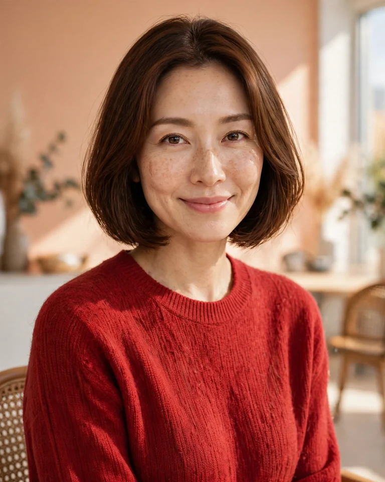 顔加工後の同じ女性。暖色の室内で、胸元までの長い栗色の髪をあごラインの短いボブに変更