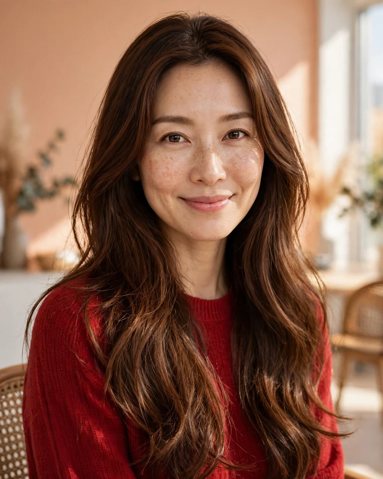 顔加工前の元写真。暖色の室内で、胸元まで届く長い栗色の髪と口を閉じた微笑みの女性