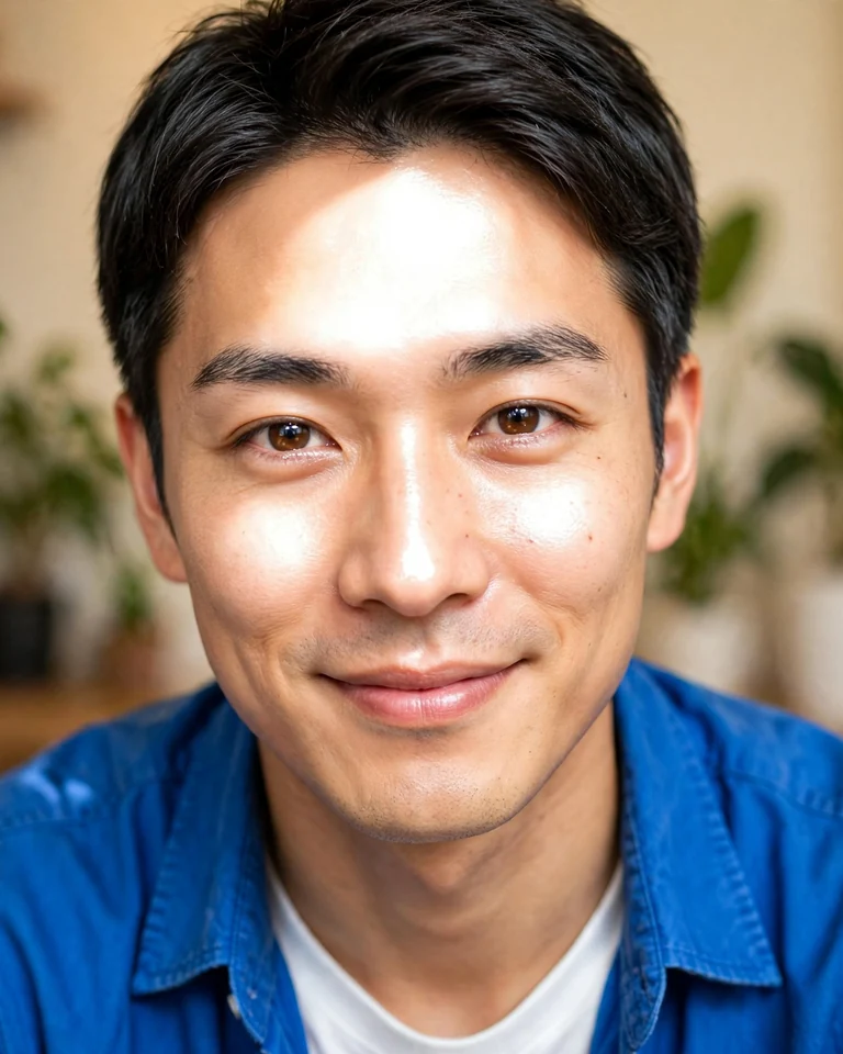 顔補正前の元写真。暖色の室内で青い上着を着た男性の額・鼻・両頬に白いスマホフラッシュ反射が見える