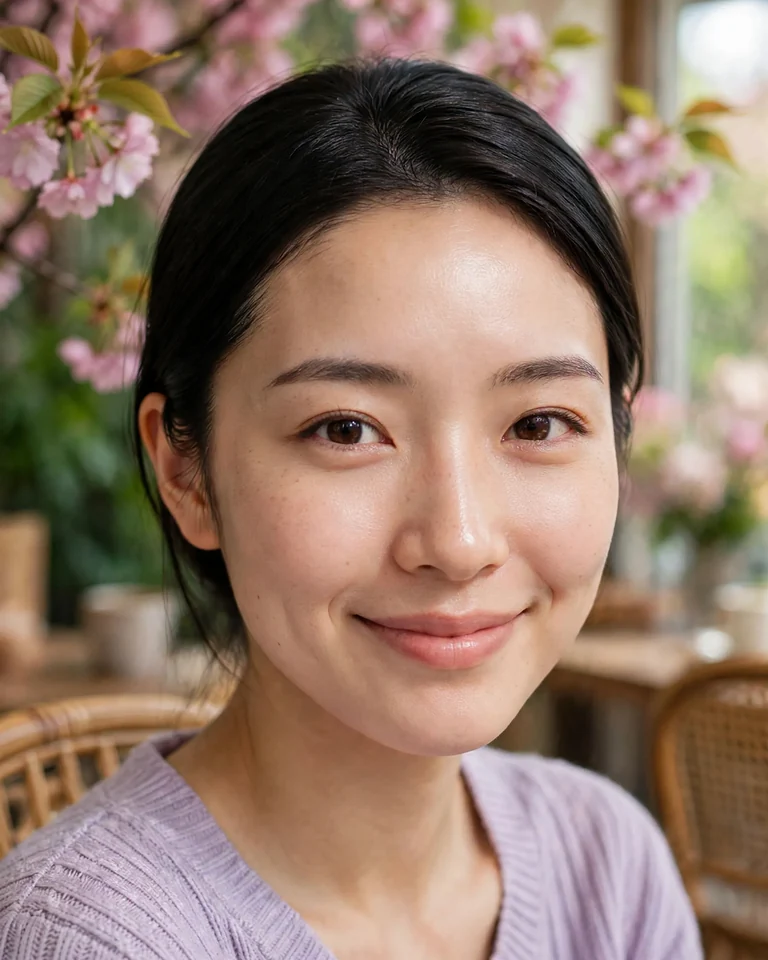 美顔加工後の同じ女性。春のカフェで、額や鼻、頬のテカリを抑え、細かな肌理を残したラベンダーの服姿