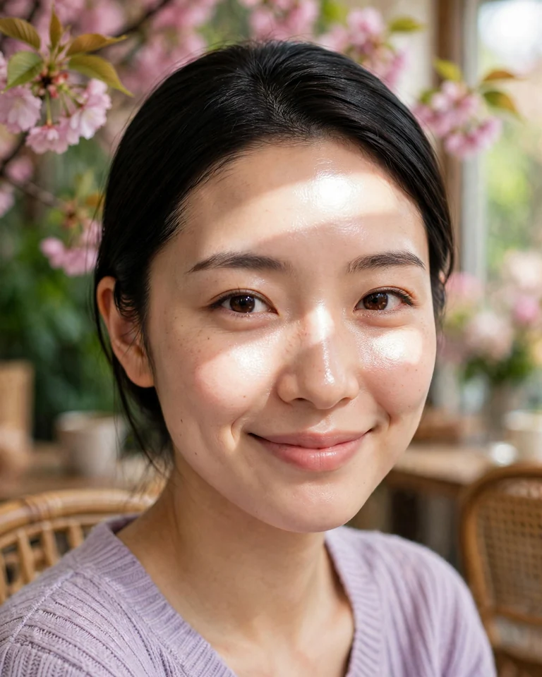 顔補正前の春のカフェの元写真。ラベンダーの服、耳にかけた黒髪、額・鼻・頬に白いスマホフラッシュ反射がある女性