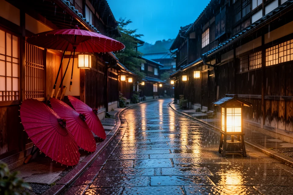 FLUX画像生成の作例：赤い傘と提灯の光が雨の石畳を彩る日本の路地