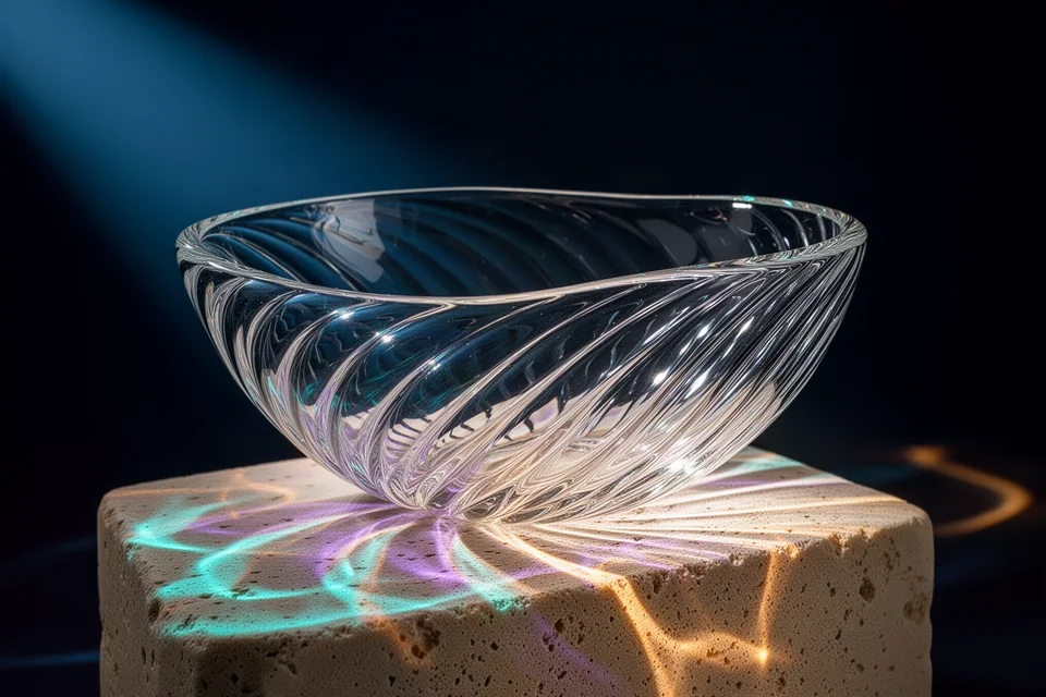 FLUX画像生成の作例：濃紺の背景に光の屈折と透明感が際立つガラスの器